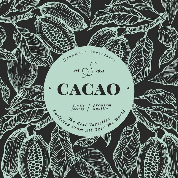 Cocoa bean strom šablona nápisu. Čokoládové kakaových bobů na pozadí. Vektor rukou nakreslené obrázku. Vintage styl obrázku. — Stockový vektor