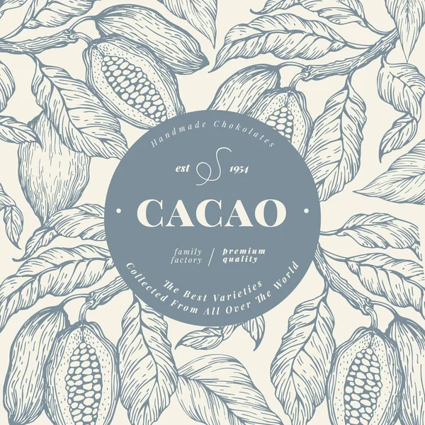 Plantilla de banner de árbol de haba de cacao. Fondo de cacao de chocolate. Ilustración dibujada a mano vectorial. Ilustración de estilo vintage . — Vector de stock