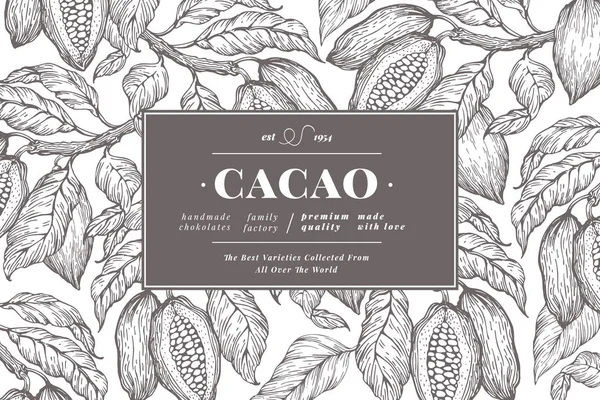 Banner-Vorlage für den Kakaobohnenbaum. Schokolade Kakaobohnen Hintergrund. Vektor handgezeichnete Illustration. Illustration im alten Stil. — Stockvektor