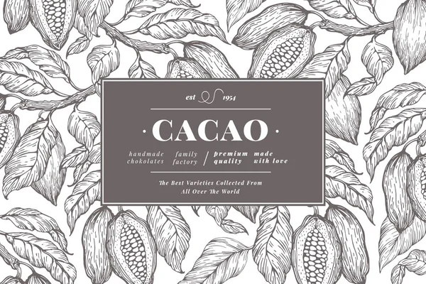 Plantilla de banner de árbol de haba de cacao. Fondo de cacao de chocolate. Ilustración dibujada a mano vectorial. Ilustración de estilo vintage . — Archivo Imágenes Vectoriales