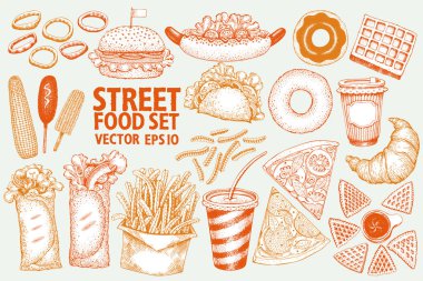 Fast food vektör çizim set. El sokak gıda çekilmiş. Fast food restoran veya Cafe menü veya ambalaj tasarımı kullanmak olabilir.