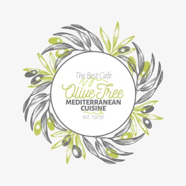 Zeytin dalı logo şablonu. Vektör vintage çizim. Elle çizilmiş oyulmuş stil çerçevesi. Tasarım zeytinyağı, zeytin paketleme, doğal kozmetik, sağlık ürünleri için. Retro tarzı görüntü.