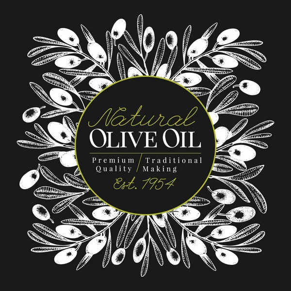 Modello banner olivo. Illustrazione vettoriale vintage su lavagna di gesso. Cornice in stile inciso disegnato a mano. Progettazione per olio d'oliva, confezionamento olive, cosmetici naturali, prodotti per la salute . — Vettoriale Stock