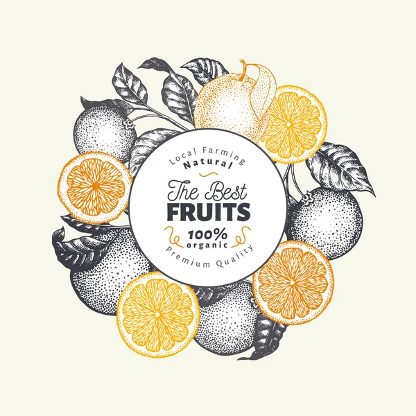 Šablona návrhu s oranž. Ručně kreslené vektorové ilustrace ovoce. Ryté styl vintage citrusové pozadí. — Stockový vektor