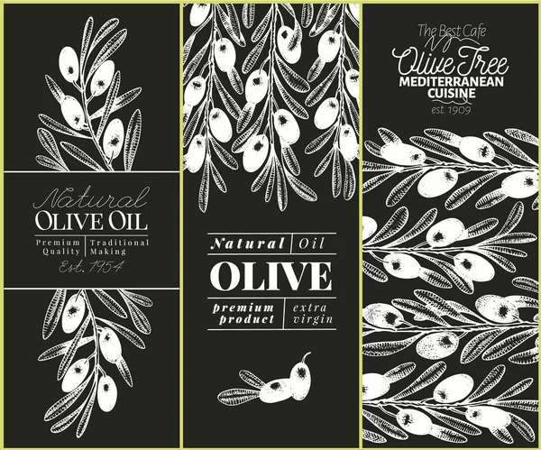 Set striscioni olivo. Illustrazione vintage disegnata a mano vettoriale su lavagna di gesso. Progettazione per olio d'oliva, confezionamento olive, cosmetici naturali, prodotti sanitari. Immagine in stile retrò . — Vettoriale Stock