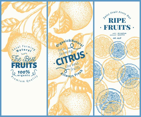 Conjunto de banner de frutas laranja. Ilustração de fruta vetorial desenhada à mão. Estilo gravado fundo cítrico vintage . —  Vetores de Stock