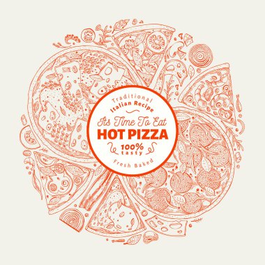 Pizza tasarım şablonu. El vektör lokanta resimde çekilmiş. Tarzı vintage İtalyan pizza arka plan kroki.