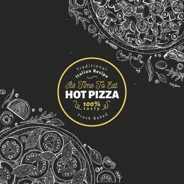 Pizza tasarım şablonu. El vektör lokanta illüstrasyon tebeşir tahtaya çekilmiş. Tarzı vintage İtalyan pizza arka plan kroki.