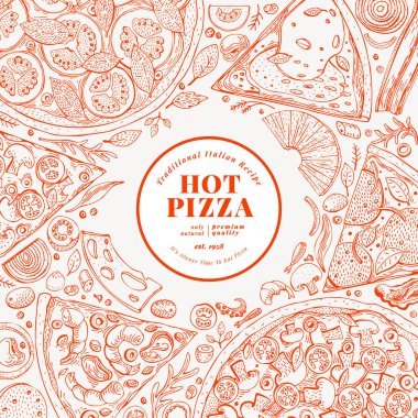 Pizza tasarım şablonu. El vektör lokanta resimde çekilmiş. Tarzı vintage İtalyan pizza arka plan kroki.