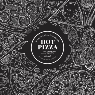 Pizza tasarım şablonu. El vektör lokanta illüstrasyon tebeşir tahtaya çekilmiş. Tarzı retro İtalyan pizza arka plan kroki.