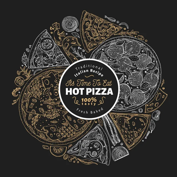 De ontwerpsjabloon van de pizza. Hand getekend vectorillustratie fastfood aan boord van het krijt. Schets stijl vintage Italiaanse pizza achtergrond. — Stockvector