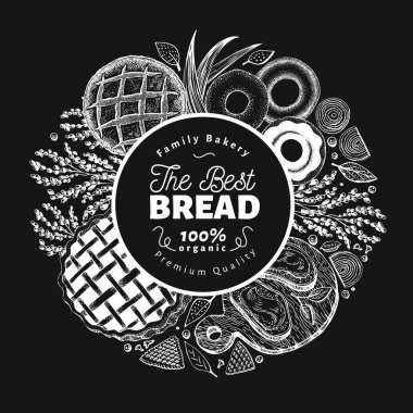 Çizilen illüstrasyon vektör ekmek ver. Ekmek ve pasta tebeşir tahtası üzerinde arka plan. Retro tasarım şablonu. Menü, kullanmak olabilir ambalaj.