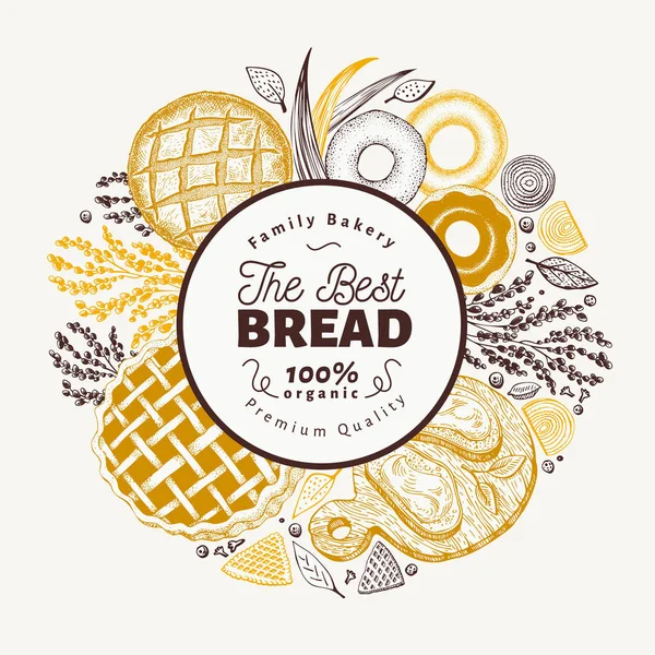 ベクトル ベーカリー手描き下ろしイラストです。パンと菓子の背景。レトロなデザイン テンプレートです。メニューの使用できる包装. — ストックベクタ