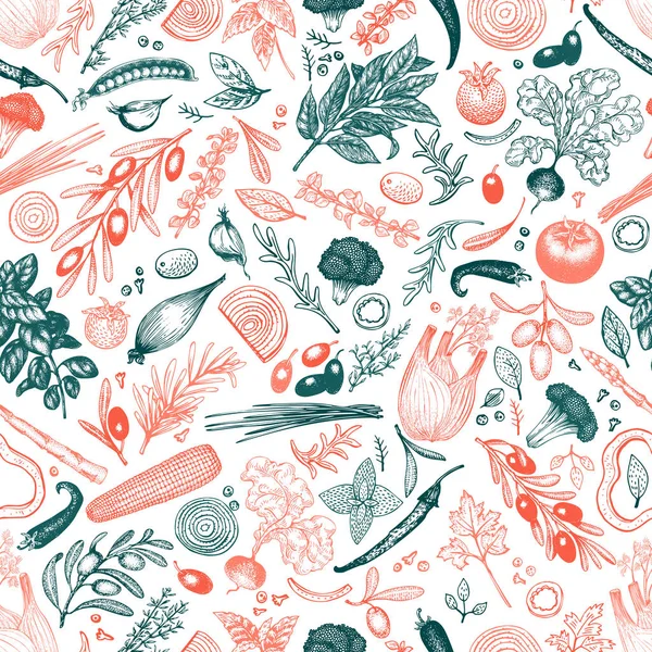 Grönsaker och örter vektor sömlösa mönster. Graverade retrostil bakgrund med oliver. Handritad illustration. Kan användas för förpackning, gårdsprodukter-menyn. — Stock vektor