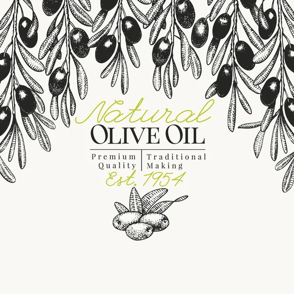 Modelo de banner de oliveira. Ilustração vintage vetorial. Mão desenhada gravada fundo estilo. Concepção de azeite, embalagem de azeitona, cosméticos naturais, produtos de saúde. Imagem estilo retro . — Vetor de Stock