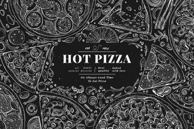 İtalyan pizza ve malzemeler çerçeve. İtalyan yemeği afiş tasarım şablonu. Vintage elle çizilmiş vektör çizim tebeşir gemide. Menü veya ambalaj kullanmak olabilir.