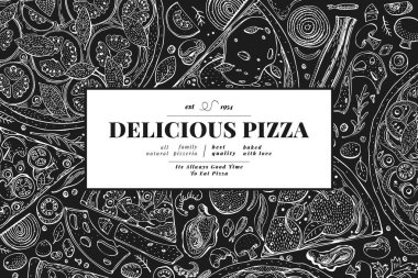 İtalyan pizza ve malzemeler çerçeve. İtalyan yemeği afiş tasarım şablonu. Vintage elle çizilmiş vektör çizim tebeşir gemide. Menü veya ambalaj kullanmak olabilir.