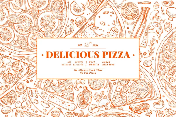 İtalyan pizza ve malzemeler çerçeve. İtalyan yemeği afiş tasarım şablonu. Vintage elle çizilmiş vektör çizim. Menü veya ambalaj kullanmak olabilir.