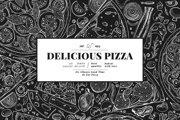 İtalyan pizza ve malzemeler çerçeve. İtalyan yemeği afiş tasarım şablonu. Vintage elle çizilmiş vektör çizim tebeşir gemide. Menü veya ambalaj kullanmak olabilir.