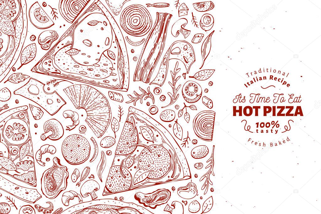 Italian pizza and ingredients frame. Italian food banner design template. Vintage hand drawn vector illustration. Can be use for menu or packaging.