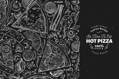İtalyan pizza ve malzemeler çerçeve. İtalyan yemeği afiş tasarım şablonu. Vintage elle çizilmiş vektör çizim tebeşir gemide. Menü veya ambalaj kullanmak olabilir.