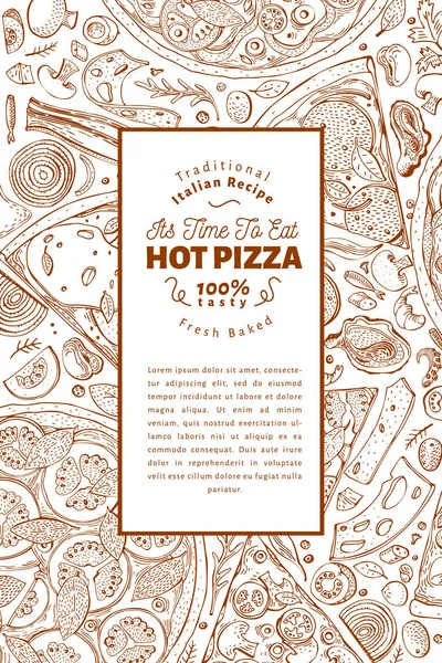 İtalyan pizza ve malzemeler çerçeve. İtalyan yemeği afiş tasarım şablonu. Vintage elle çizilmiş vektör çizim. Menü veya ambalaj kullanmak olabilir. — Stok Vektör