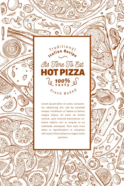 Marco italiano de pizza e ingredientes. Plantilla de diseño de banner de comida italiana. Vintage ilustración vectorial dibujado a mano. Puede ser utilizado para menú o embalaje . — Vector de stock