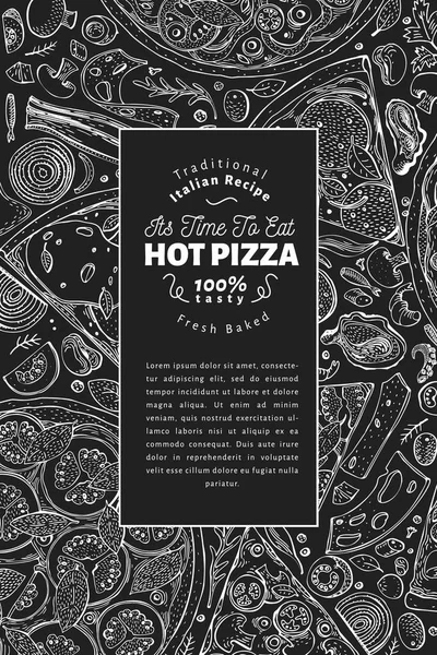 Italiaanse Pizza Ingrediënten Frame Italiaans Eten Banner Ontwerpsjabloon Retro Hand — Stockvector