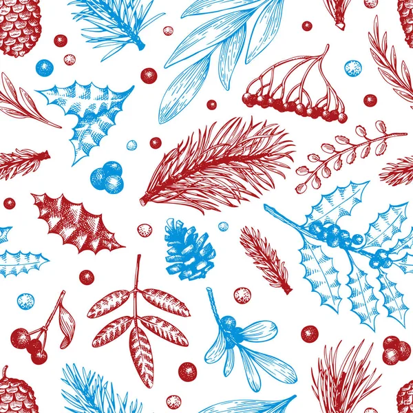 Векторный рождественский бесшовный рисунок. Ручные рисунки зимы. Знамя с хвойными, сосновыми ветвями, ягодами, падубом, омелой в ретро-стиле. С Рождеством! . — стоковый вектор