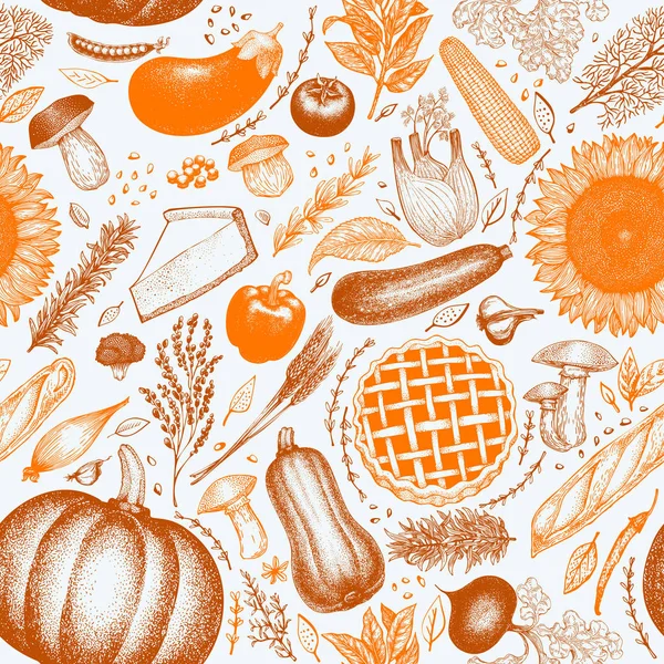 Happy Thanksgiving Day seamless pattern. Vector hand drawn illustrations. Thanksgiving backdrop in retro style with harvest, vegetables, pastry, bakery. Autumn background. — Stock Vector
