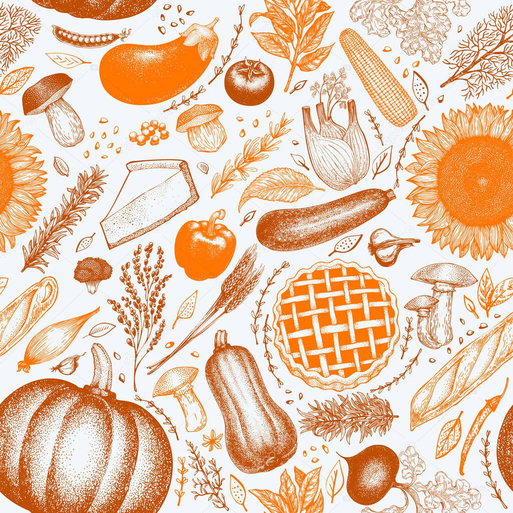 Happy Thanksgiving Day seamless pattern. Vector hand drawn illustrations. Thanksgiving backdrop in retro style with harvest, vegetables, pastry, bakery. Autumn background.