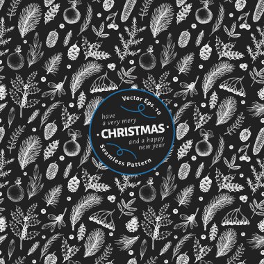 Noel seamless modeli vintage tarzı. Tebeşir tahtası üzerinde çizilmiş çizimler vektör ver. Arka plan ile iğne yapraklı, Çamın dalları, çilek, holly, ökse otu. Merry Christmas banner.