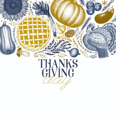 Mutlu Şükran günü tasarım şablonu. Vektör çizilmiş resimler ver. Şükran günü kartı retro tarzında tebrik. Türkiye, hasat, sebze, hamur işi, pişirme ile çerçeve. Sonbahar arka plan.