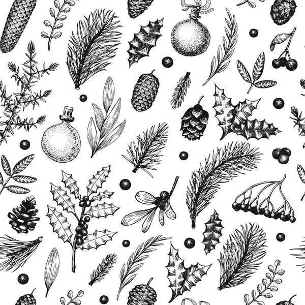 ビンテージ スタイルのクリスマスのシームレスなパターン。ベクトルは手描きのイラストです。背景に針葉樹、松の枝、果実、ヒイラギ、ヤドリギ。冬の森の背景。メリー クリスマス バナー. — ストックベクタ