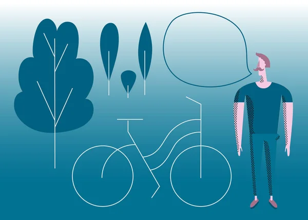 Чоловік з велосипедом у парку. Векторна сучасна плоска ілюстрація. Тема енергозбереження . — стоковий вектор