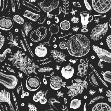 Noel akşam yemeği seamless modeli. Tebeşir tahtası üzerinde çizilmiş çizimler vektör ver. Mutlu Noel akşam yemeği retro tasarımı. Arka plan ile hasat, sebze, hamur işi, ekmek, et ördek, kaz.