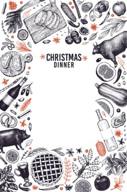 Mutlu Noel yemeği tasarım şablonu. Vektör çizilmiş resimler ver. Retro tarzı tebrik Noel kartı. Çerçeve hasat, sebze, hamur işi, ekmek, et