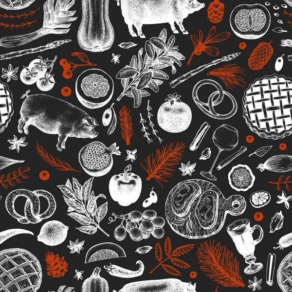 Рождественский ужин. Векторные ручные рисунки на доске. Ретро-дизайн рождественского ужина. Предпосылки для сбора урожая, овощей, выпечки, хлебобулочных изделий, мясной свинины . — стоковый вектор