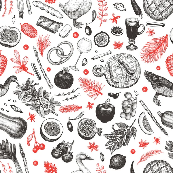 Kerst diner naadloze patroon. Vector hand getekende illustraties. Gelukkig kerst diner retro ontwerp. Achtergrond met oogst, fruit, gebak, bakkerij, vlees eend, gans. — Stockvector