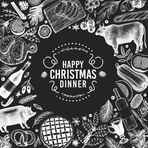 Ευτυχισμένος πρότυπο σχεδίασης χριστουγεννιάτικο δείπνο. Διάνυσμα χέρι συρμένων απεικονίσεων σε πίνακα κιμωλίας. Ευχετήρια κάρτα Χριστουγέννων σε στυλ ρετρό. Πλαίσιο με συγκομιδή, ζαχαροπλαστικής, αρτοποιίας, λαχανικά, κρέας — Διανυσματικό Αρχείο