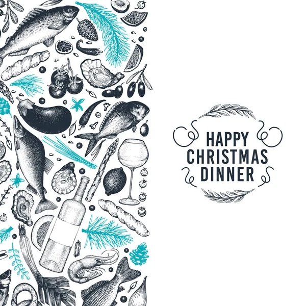 Joyeux modèle de conception de dîner de Noël. Illustrations vectorielles dessinées main. Carte de vœux de Noël dans un style rétro. Cadre avec récolte, légumes, pâtisserie, boulangerie, fruits de mer, poisson — Image vectorielle