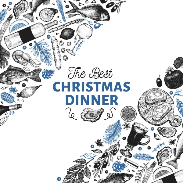 행복 한 크리스마스 저녁 식사 디자인 서식 파일입니다. 벡터 손으로 그려진된 그림. 레트로 스타일에서 크리스마스 카드 인사말입니다. 수확, 야채, 빵, 빵집, 해산물, 생선 프레임 — 스톡 벡터
