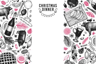 Mutlu Noel yemeği tasarım şablonu. Tebeşir tahtası üzerinde çizilmiş çizimler vektör ver. Retro tarzı tebrik Noel kartı. Çerçeve hasat, sebze, hamur işi, ekmek, et