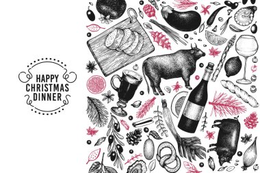 Mutlu Noel yemeği tasarım şablonu. Tebeşir tahtası üzerinde çizilmiş çizimler vektör ver. Retro tarzı tebrik Noel kartı. Çerçeve hasat, sebze, hamur işi, ekmek, et