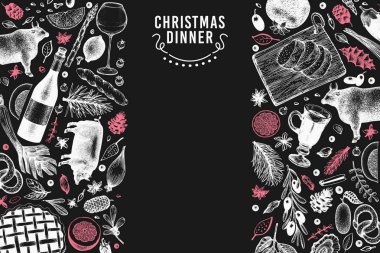 Mutlu Noel yemeği tasarım şablonu. Tebeşir tahtası üzerinde çizilmiş çizimler vektör ver. Vntage stil kartı. Çerçeve hasat, sebze, hamur işi, ekmek, et. Daveti veya menü kapak kullanmak olabilir