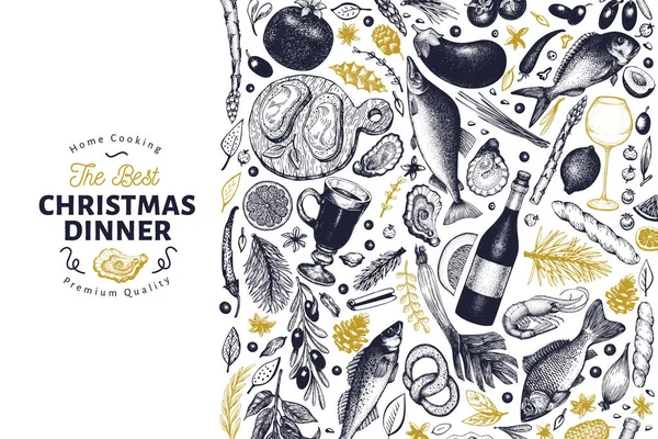 행복 한 크리스마스 저녁 식사 디자인 서식 파일입니다. 벡터 손으로 그려진된 그림. 레트로 스타일에서 크리스마스 카드 인사말입니다. 수확, 야채, 빵, 빵집, 해산물, 생선 프레임 — 스톡 벡터