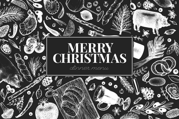 Mutlu Noel yemeği tasarım şablonu. Tebeşir tahtası üzerinde çizilmiş çizimler vektör ver. Retro tarzı tebrik Noel kartı. Çerçeve hasat, sebze, hamur işi, ekmek, et — Stok Vektör