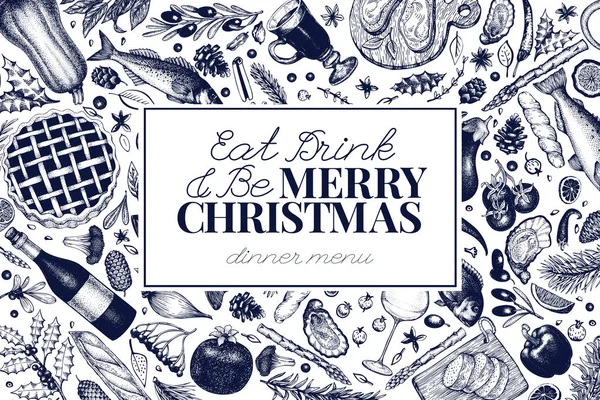 Boldog karácsonyi vacsora tervezősablon. Vektor kézzel rajzolt ábrák. Karácsonyi üdvözlőlap retro stílusban. Váz, termés, zöldség, tészta, pékség, tenger gyümölcsei, halak — Stock Vector