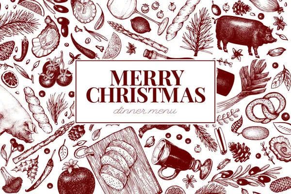 Mutlu Noel yemeği tasarım şablonu. Tebeşir tahtası üzerinde çizilmiş çizimler vektör ver. Retro tarzı tebrik Noel kartı. Çerçeve hasat, sebze, hamur işi, ekmek, et — Stok Vektör