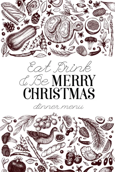 Gelukkig kerstdiner ontwerpsjabloon. Vector hand getekende illustraties. Christmas wenskaart in retro stijl. Frame met oogst, fruit, gebak, bakkerij, vlees — Stockvector